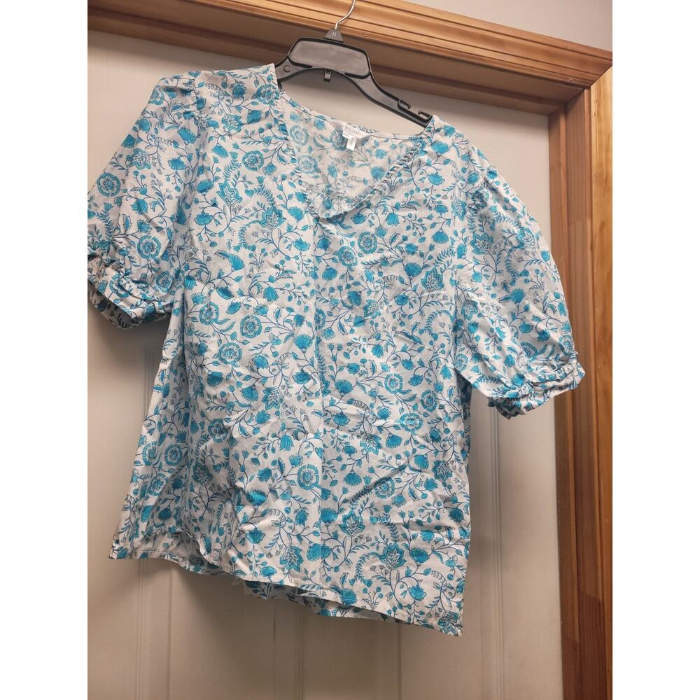 Draper James Floral Blouse XXL Blue White Cotton Puff Sleeve Cottagecore Top